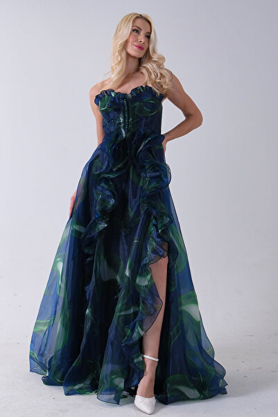 Feminist Straplez Yaka Önü Düğme Detaylı Desenli Fırfırlı Abiye Lacivert 9705680