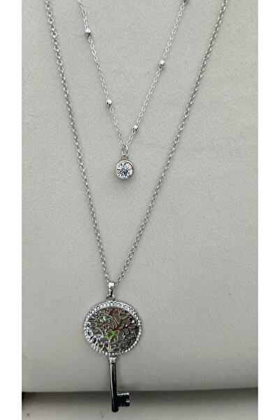 Çelik Necklace Double Set 2 Pieces Together Silver Color