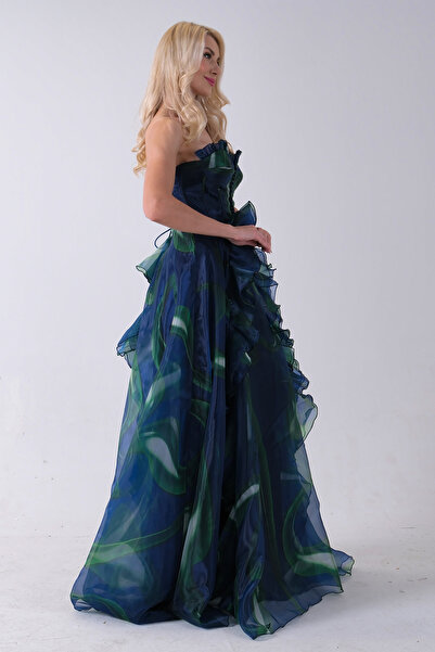 Feminist Straplez Yaka Önü Düğme Detaylı Desenli Fırfırlı Abiye Lacivert 9705680