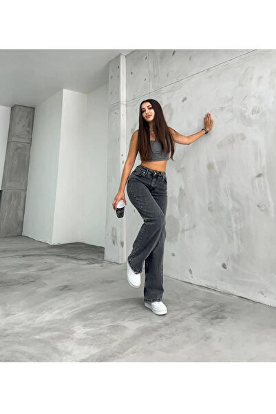 kleshus Anthracite Women's Casual Palazzo High Waist Wide Leg Trousers Jean-4