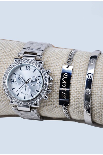 sonsuzsaat Gümüş Renk Taşlı Kasa Kişiye Özel İsimli Bileklikli Genç Kız Kadın Kol Saati SU-1235