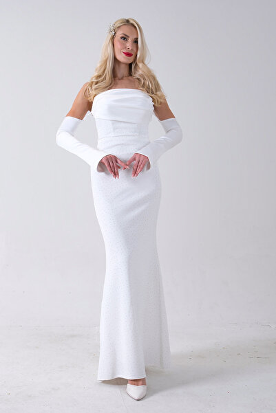 Feminist Drapeli Üzeri Işıltı Nokta Detaylı Kollu Abiye Beyaz 0802502