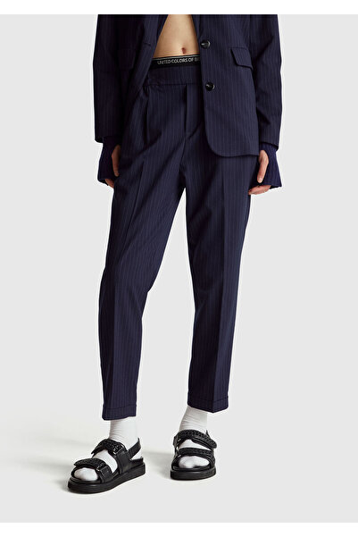 United Colors of Benetton Women's Navy Blue Viscose Blend Folded-Leg Jogger Pants