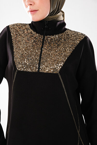 Plistre 2287_Women's Zippered Mock Neck Piece Long Sleeve Hijab Tunic Dress - Gold Sequins and Stitching Detail