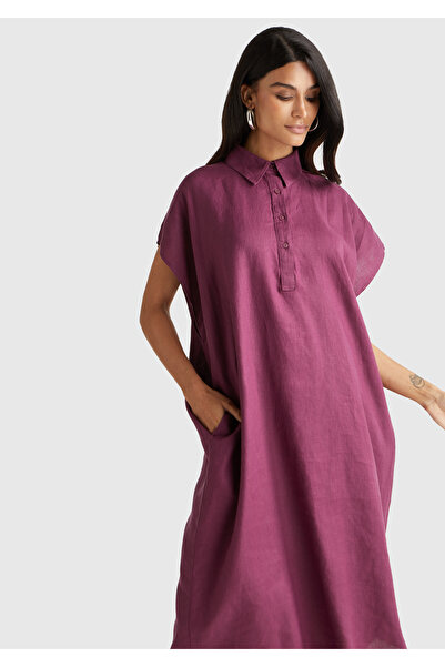 United Colors of Benetton Women's Plum 100% Linen Front Buttoned Shirt Collar Short Sleeve Maxi Dress