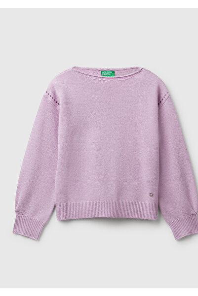 United Colors of Benetton Pulover cu mâneci cu nervuri din amestec de lână liliac pentru fetiță