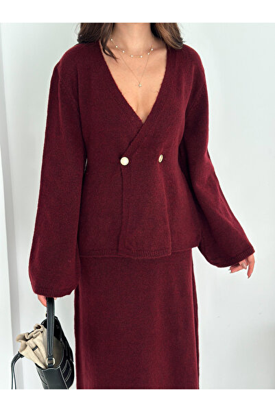 b buhari bykoc Soft Textured Double-Breasted Cardigan and Skirt Knitwear Set