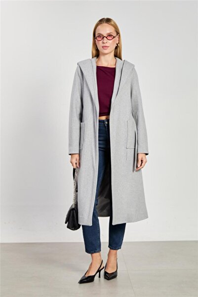 BARRELS AND OIL Women's Hooded Belted Cashmere Coat - Gray