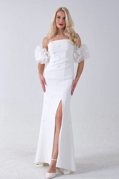 Feminist İnci İşlemeli Balon Kol Straplez Abiye Elbise Beyaz 0801011