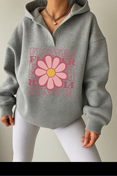 Deocept Unisex Gray V-Neck Hooded Printed Oversized Sweatshirt