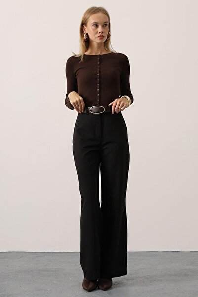 VAGGON Women's Black Button Closure Double Pocket Palazzo Pants Vs01410