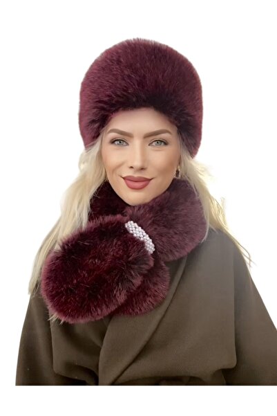 Muzky Artificial fur hat and scarf, burgundy (one size)