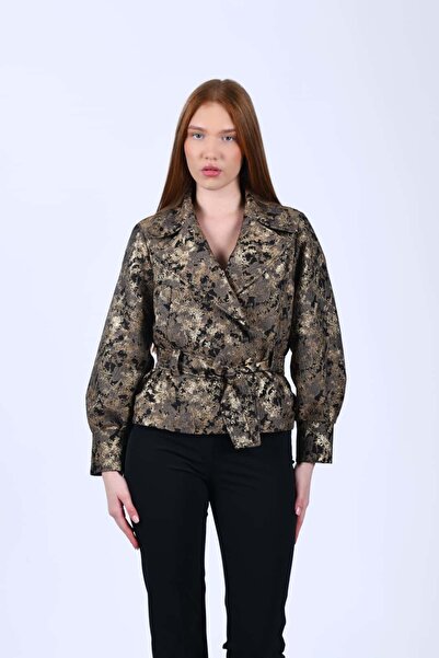 la luce Siyah Dokulu Desenli Crop Kesim Ceket - QC99