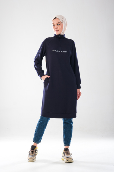 Plistre 2290_Women's Hijab Sports Tunic Dress - Reflector Printed , Zippered with Mock Neck Pockets, Soft Texture