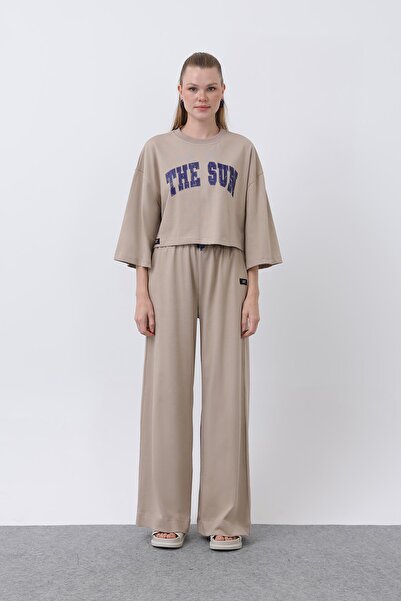 Soul Women's Front Printed Double Pants Suit - 32226Tks - Beige