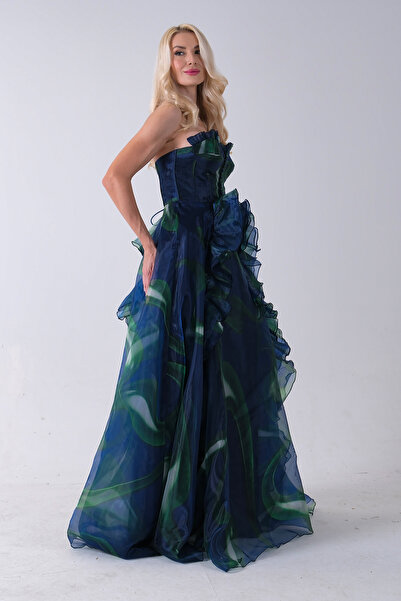 Feminist Straplez Yaka Önü Düğme Detaylı Desenli Fırfırlı Abiye Lacivert 9705680