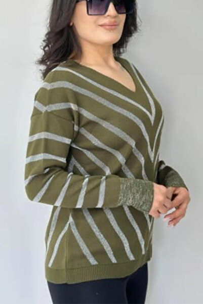 Bİ.GİYSEN Pulover pentru femei, verde kaki, cu decolteu în V, cu dungi strălu...