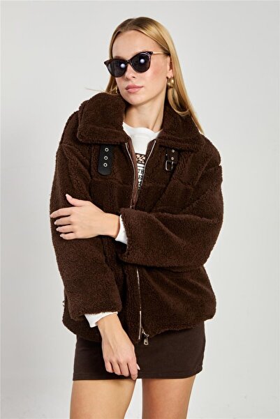 BARRELS AND OIL Women's Welsoft Coat with Collar Belt and Pockets - Brown
