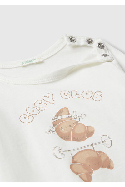 United Colors of Benetton Baby white long sleeve t-shirt with Printed hidden buttons on the front