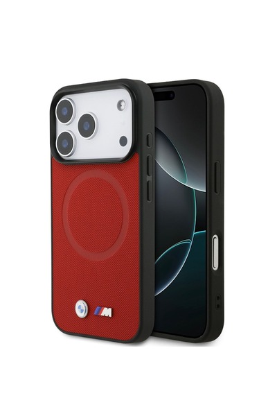 BMW جراب ماج سيف الجلدي المغلف بالكامل - شعارات معدنية لجهاز آيفون 17 برو ماك...