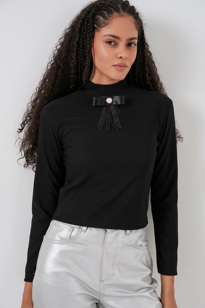 Bigdart Women's Ribbon Detail Long Sleeve Blouse 977 - Black