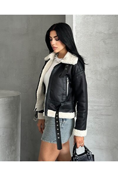 cottonage Palton din piele pentru femei cu centură și blană în interior - Jachetă din piele de motociclist
