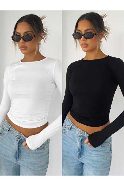 ÖZ PAMUK Μπλούζα με λαιμόκοψη 2 ΤΕΜΑΧΙΑ Basic SOLID Υφασμάτινη μακρυμάνικη μπλούζα L ελαστικό ύφασμα