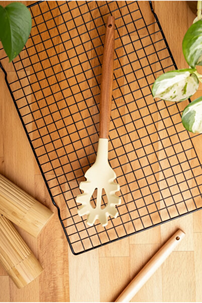 FH finehome مصفاة المعكرونة من السيليكون بمقبض من خشب الأكاسيا باللون الأبيض