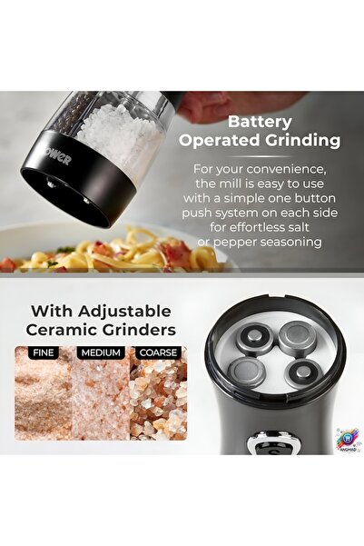 ANGMAD Electric Grinder 2-in-1 for Salt & Pepper, Adjustable Grind, Black