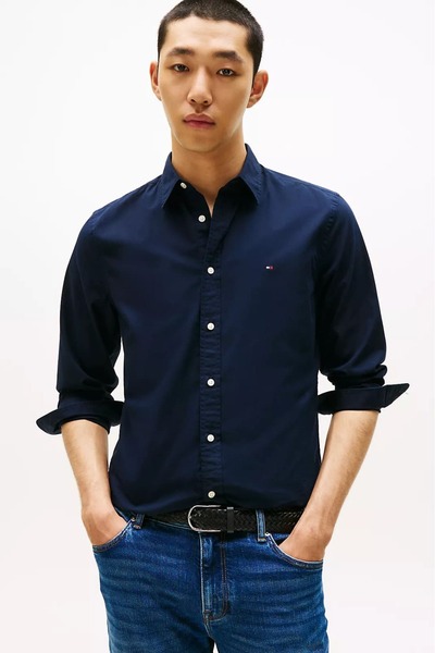 Tommy Hilfiger Erkek Slim Fit Flex Poplin Kent Collar Gömlek - Lacivert
