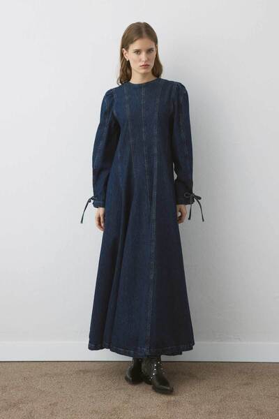 Hooopstore Kolları Bağcıklı Dikiş Detaylı Denim Lacivert Elbise
