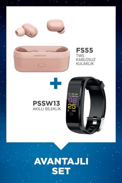 Polosmart FS55 Kablosuz Kulaklık Pembe + PSSW13 Akıllı Bileklik Siyah Set