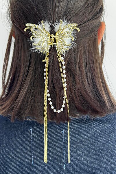 TAKIŞTIR Gold Color Metal Clasp with Butterfly Figure and Stone and Pearl Detail