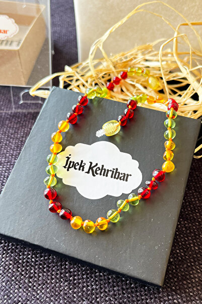 İpek Kehribar Certified Original Baltic Amber Necklace, Baby & Child – Red, Green, Caramel 3 Colors Silk-348