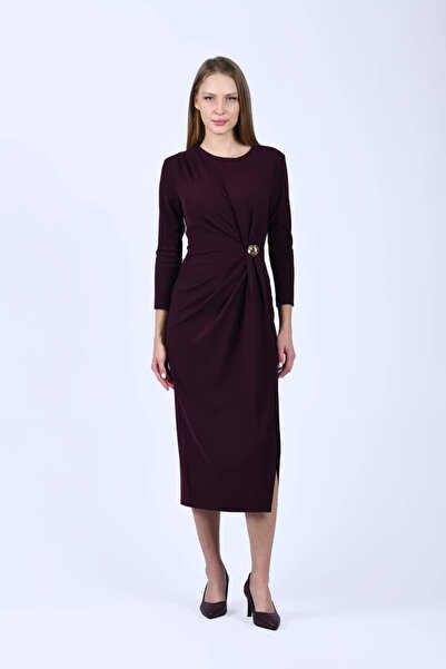 la luce Kahve Tokalı Midi Elbise - QE403