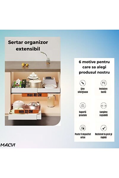 MACVI ® Extendable Cabinet Organizer, Metal, Sliding Drawer, Adhesive Mount, Large Capacity, White