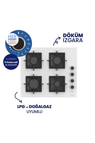 Ferre Flowart Turbolu Beyaz Cam Ankastre Set ( Kaymaz Döküm Izgara ) QBL62CB - SC206 - D087