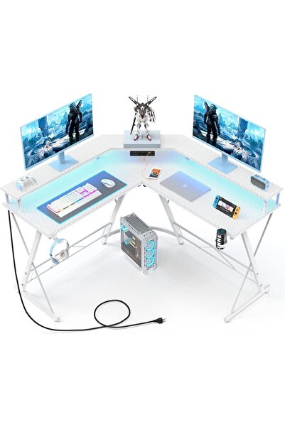 Chulovs مكتب ألعاب 130 سم مع شريط LED ومنافذ طاقة، مكتب زاوية كمبيوتر على شكل حرف L