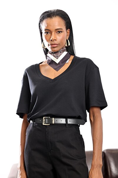 5in1Canpolat Black V-Neck Short-Sleeve T-Shirt 4021