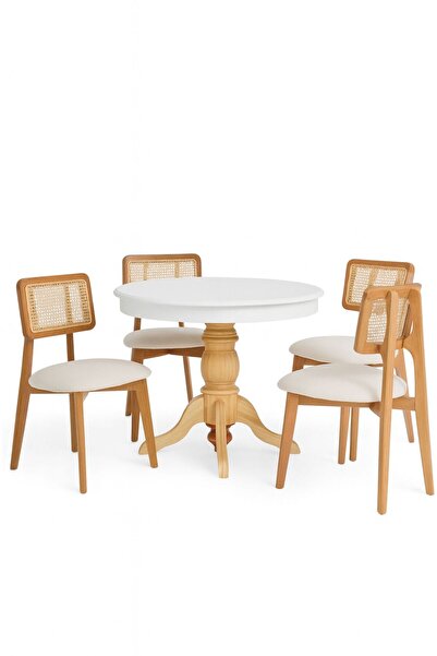 Albero Home Yuvarlak Açılır Masa-Hasırlı Sandalyeli Ahşap Masa Takımı