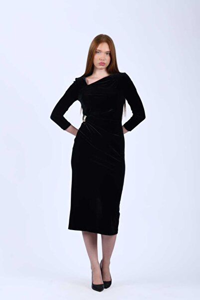 la luce Siyah Omuz Detaylı Kadife Kalem Elbise - QE400