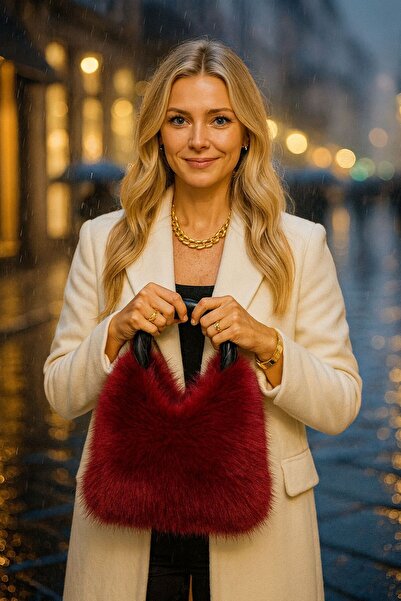 BALIENTE Geantă de damă din piele artificială de pluș mango burgundy cu mâner și curea aurie