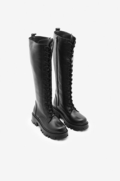 SAYL Siyah Hakiki Deri Bağcıklı Yandan Fermuarlı Kadın Diz Altı Çizme