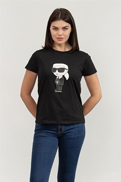 Karl Lagerfeld Ikonik Kadın Bisiklet Yaka T-Shirt Siyah