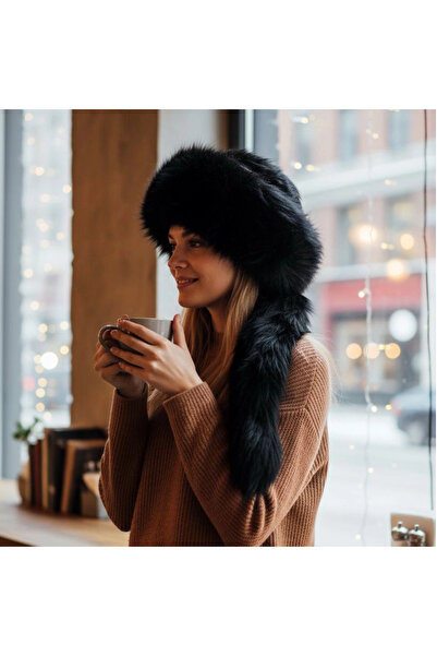 AbbasShop Gerçek Deri Kuyruklu Deri Börk Erkek Kadın Şapka Bere Siyah