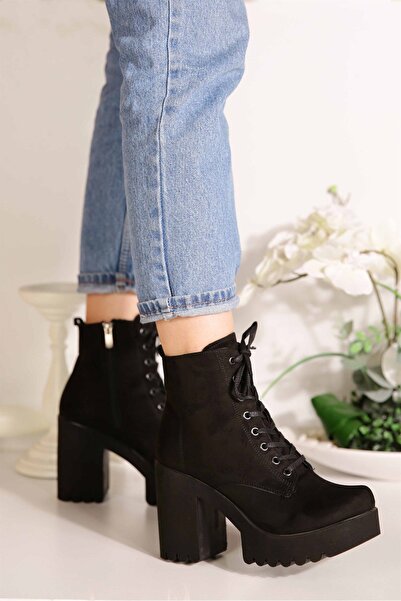 Bereket Kundura حذاء بوت بكعب سميك من الجلد السويدي الأسود موديل 1128 من باكر...