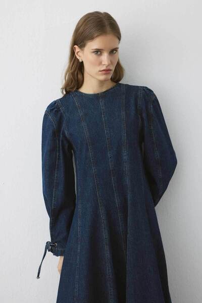 Hooopstore Kolları Bağcıklı Dikiş Detaylı Denim Lacivert Elbise