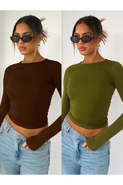 ÖZ PAMUK Μπλούζα με λαιμόκοψη 2 ΤΕΜΑΧΙΑ Basic SOLID Υφασμάτινη μακρυμάνικη μπ...