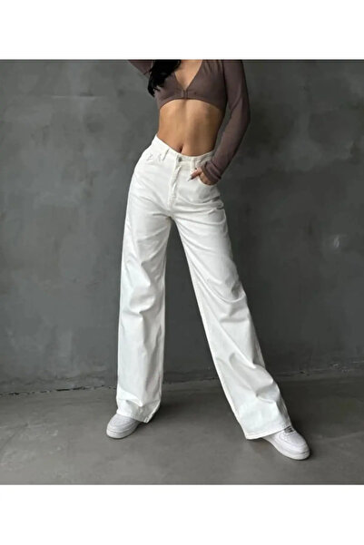 kleshus White Casual Palazzo High Waist Wide Leg Pants Jean-1