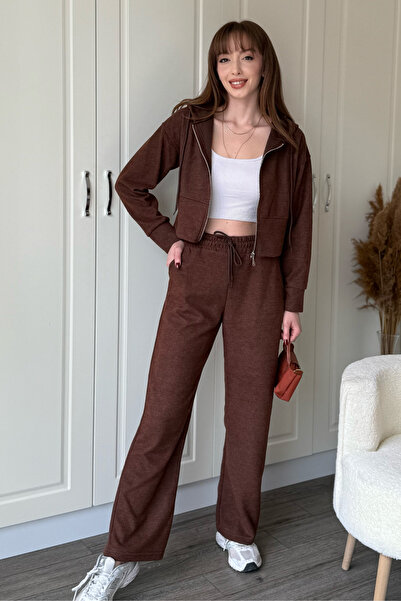 Dilay Gökoğlu Butik Hooded Zippered Crop Thessaloniki Fabric Cardigan Set